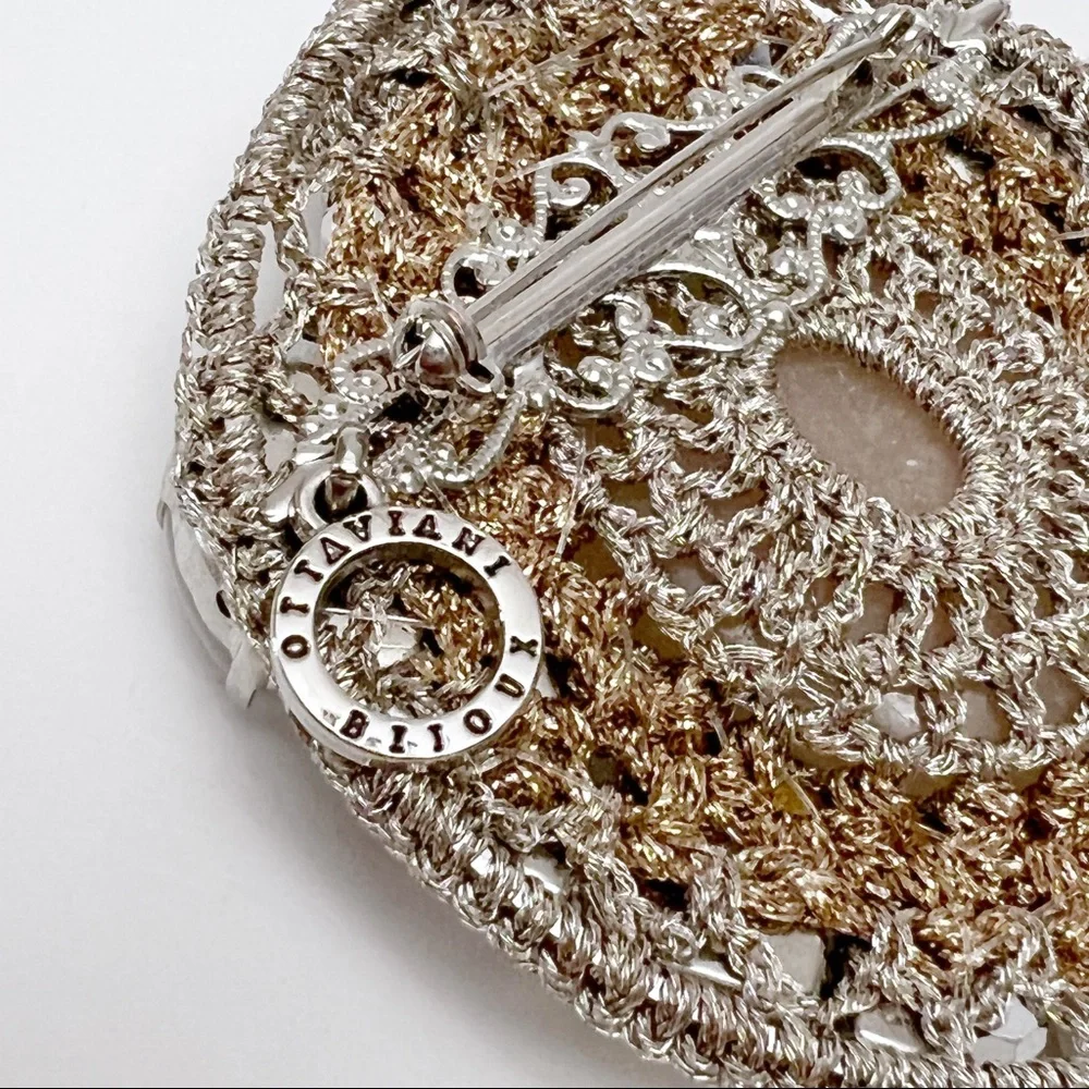 Ottaviani Bijoux Metallic Silver Crochet Cabochon Rhinestone Crystal Brooch